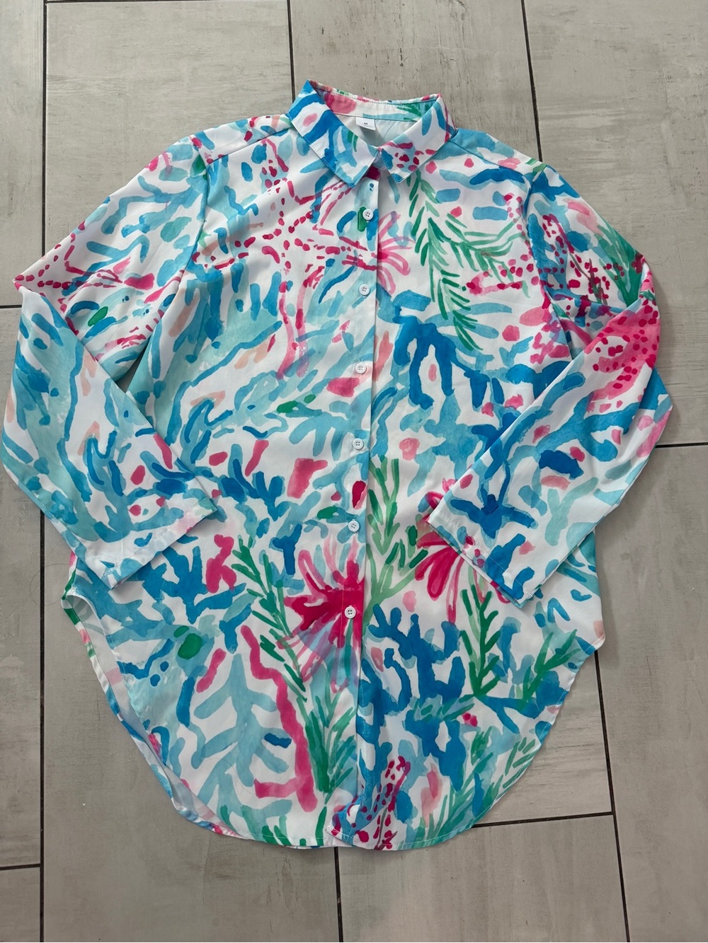 Women's Watercolor Floral Button-Down Swim coverup Shirt - Multicolor size M